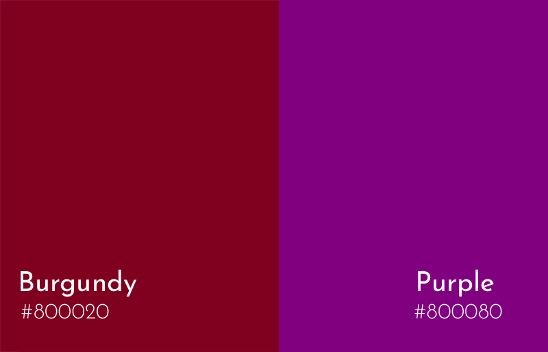 Maroon vs burgundy. Maroon is more of a brick red: brownish red. Burgundy  has a purple tint to it.