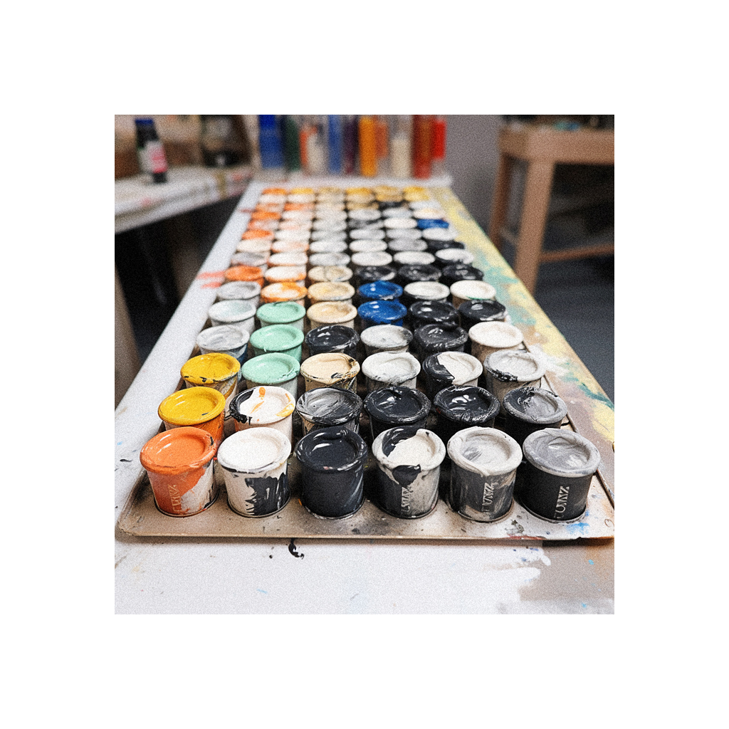 A tray of paints on a table in a studio.