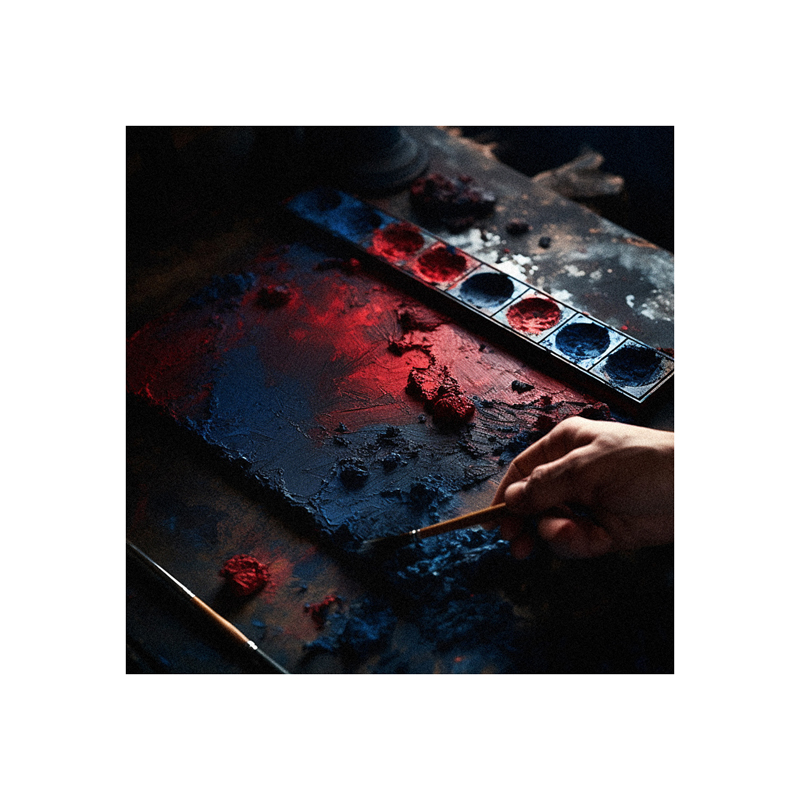 A person is painting with red and blue paint on a palette.