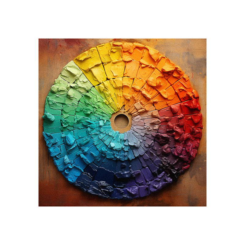 A colorful wheel of paint on a brown background.