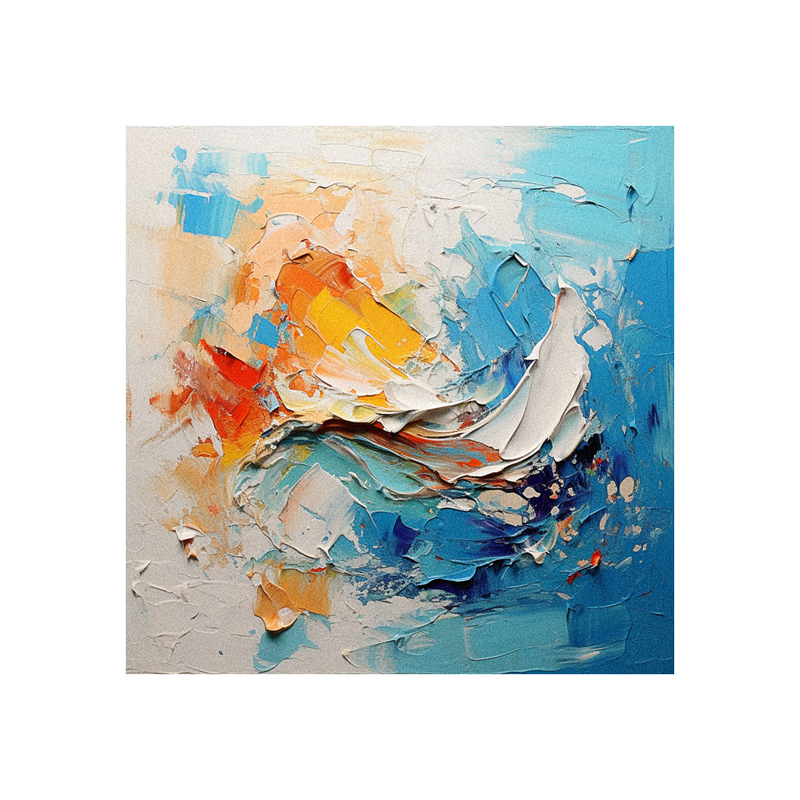 An abstract painting with blue, orange and white colors.