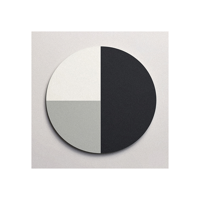 A black and white circle on a white surface.