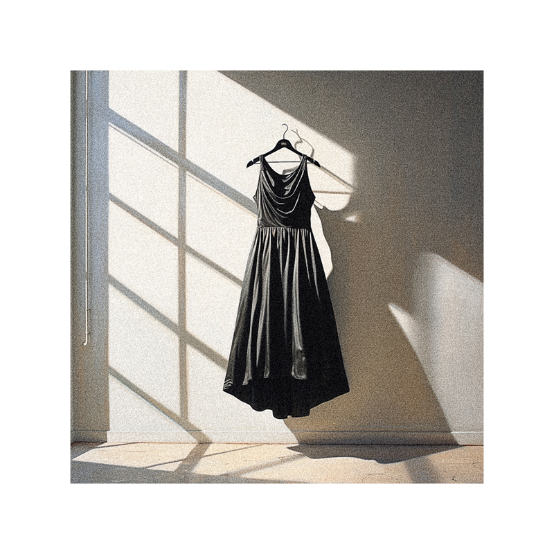 A black dress hangs on a hanger in front of a window.