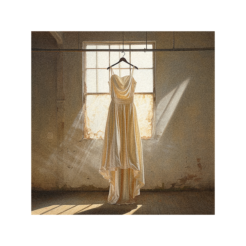 A wedding dress hangs on a hanger in an empty room.