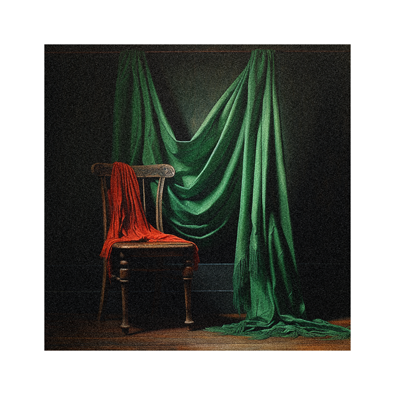 A green cloth draped over a chair in a dark room.