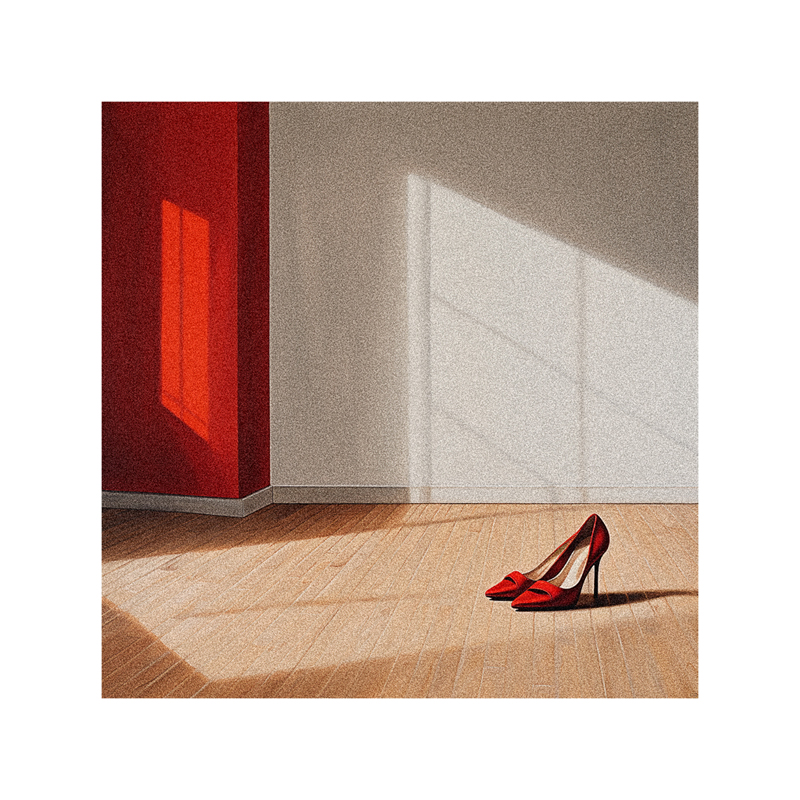 A red high heeled shoe on a wooden floor.