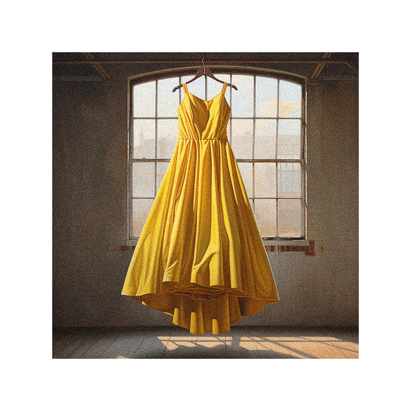 A yellow dress hangs on a hanger in front of a window.