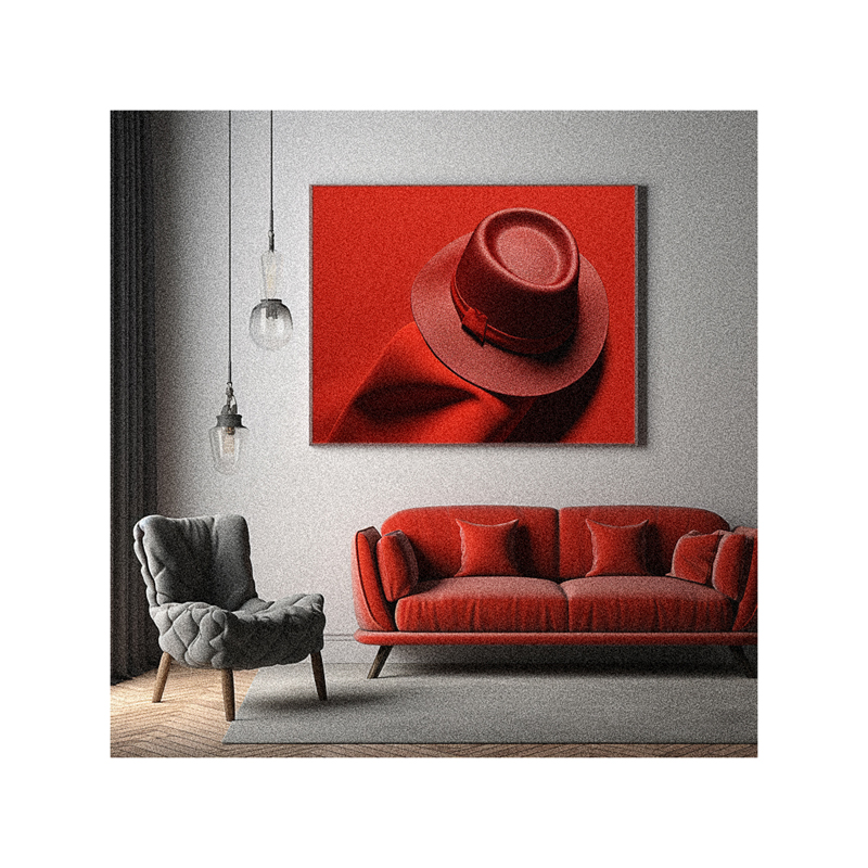 A red hat on a wall in a living room.