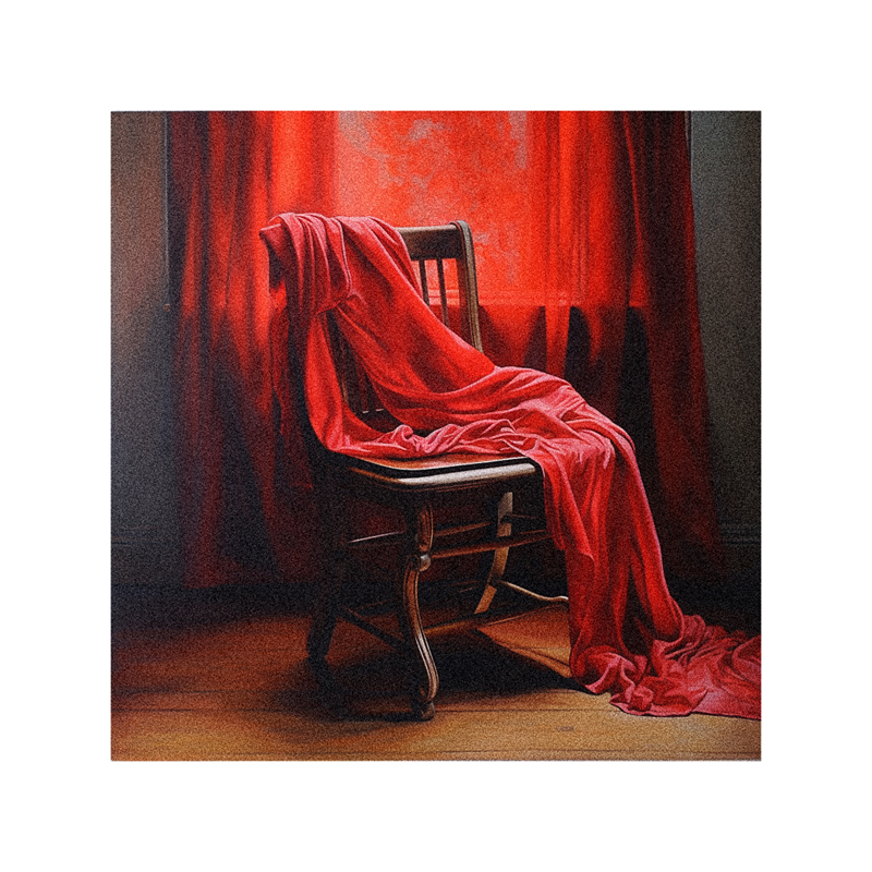 A painting of a chair with a red cloth draped over it.