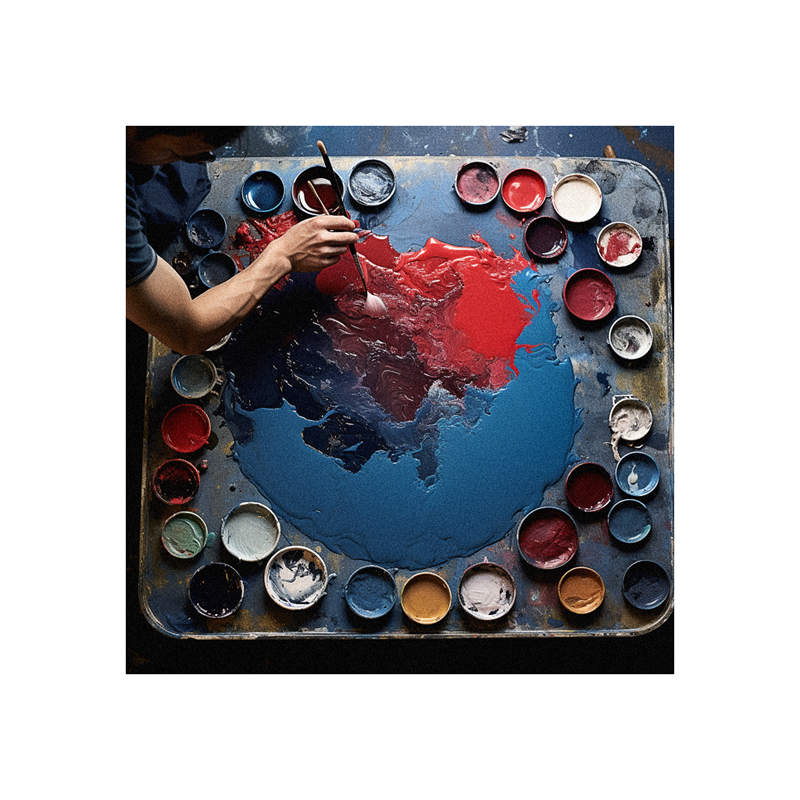 A man is painting on a blue table with red and blue paint.