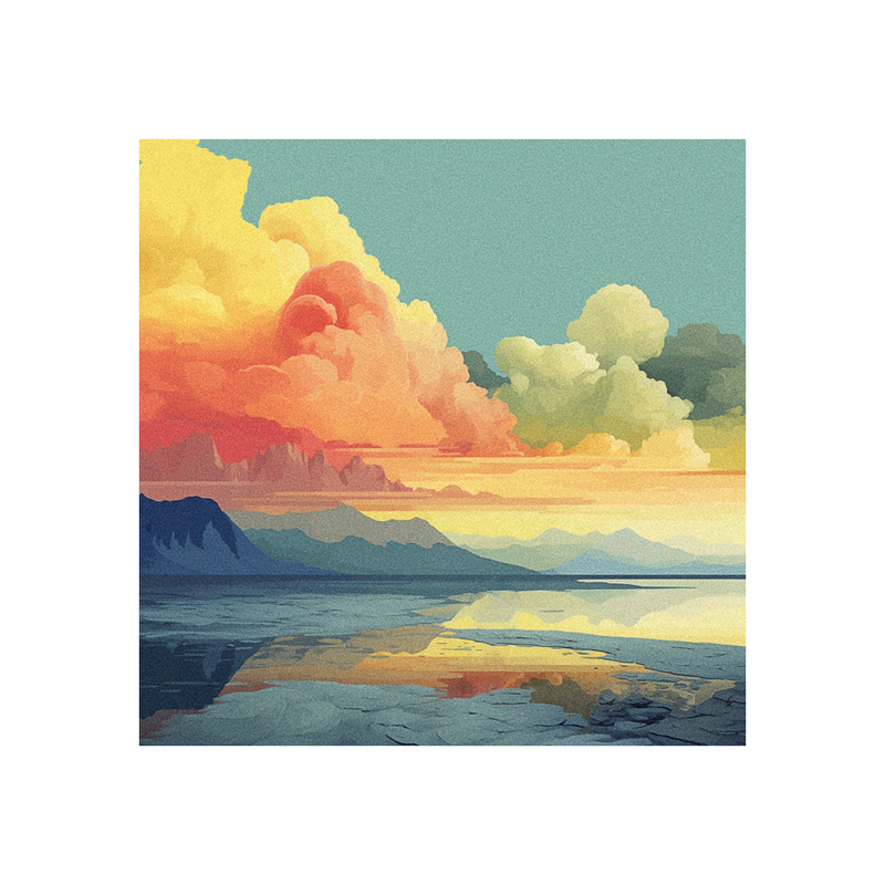 A colorful painting of a sunset over a lake.