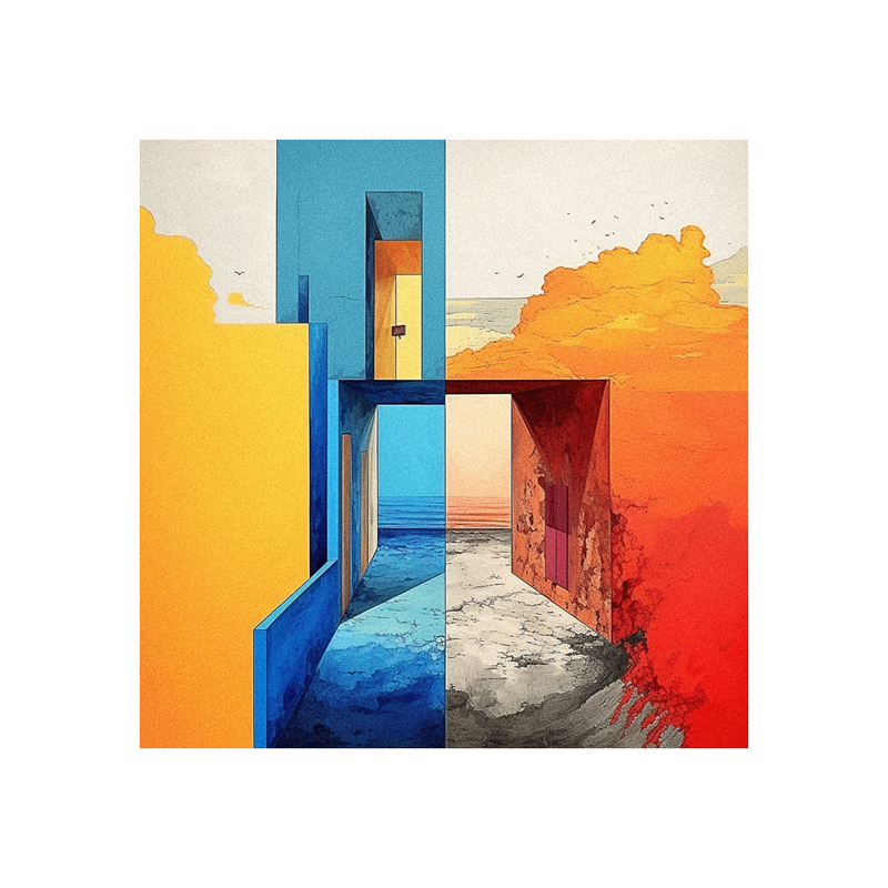 A colorful painting of a doorway and a building.