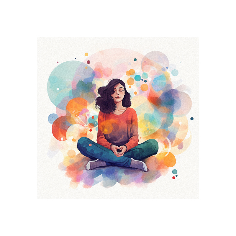 A watercolor illustration of a woman meditating.