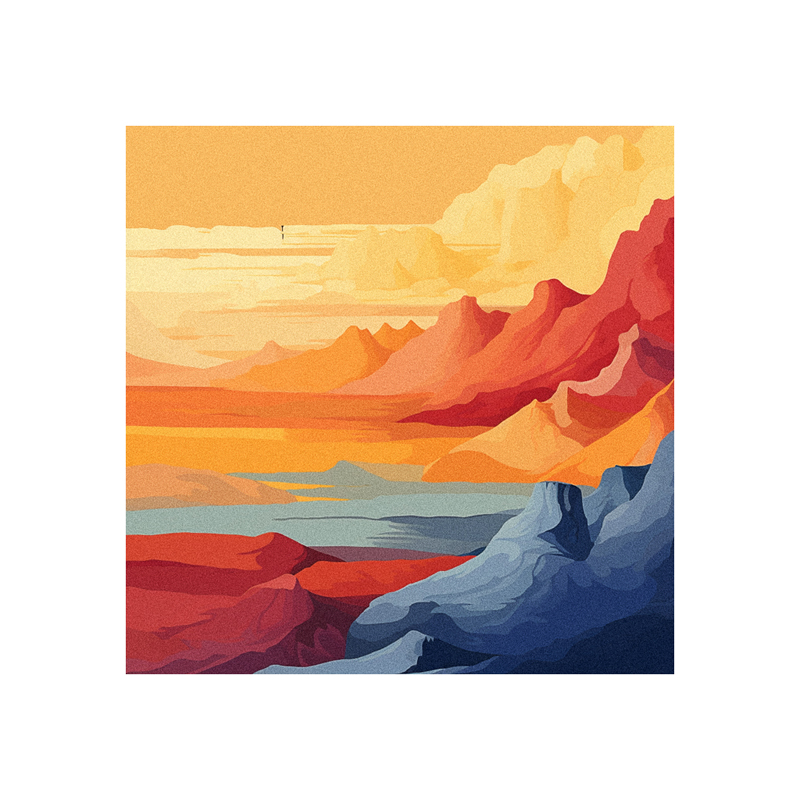 A colorful painting of mountains and a sunset.