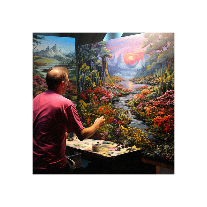 A man painting a landscape on a canvas.