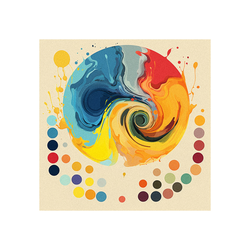A colorful painting of a circle with paint splatters on it.