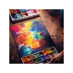 A person is painting a colorful painting on a wooden table.
