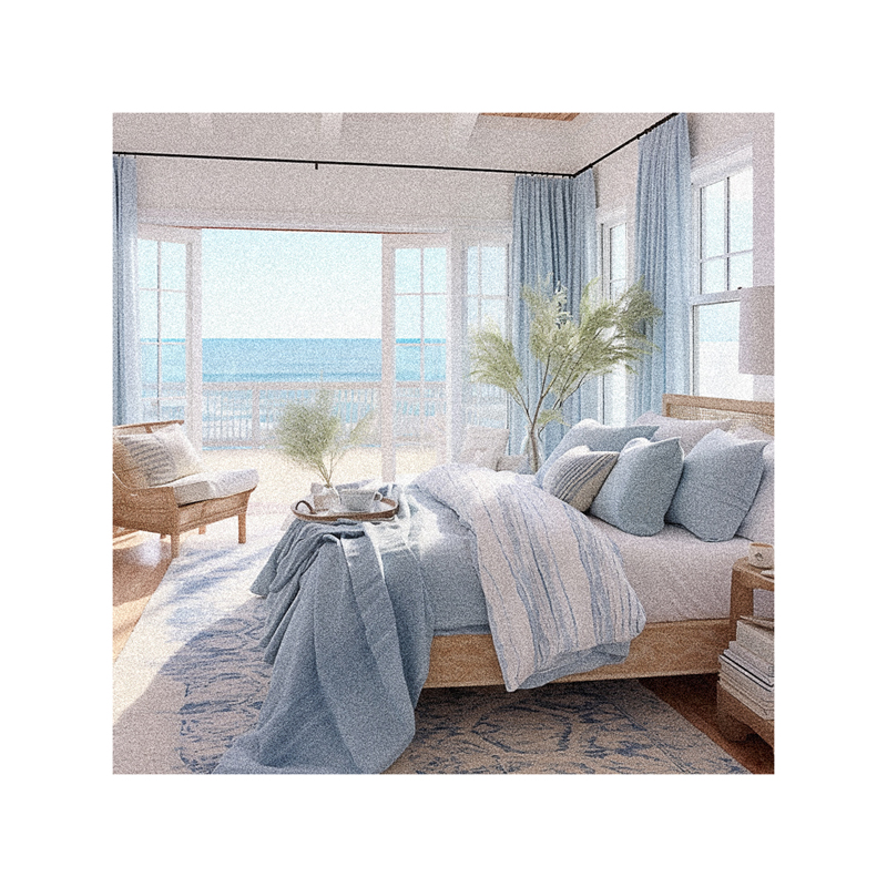 A bedroom with blue and white decor and a view of the ocean.