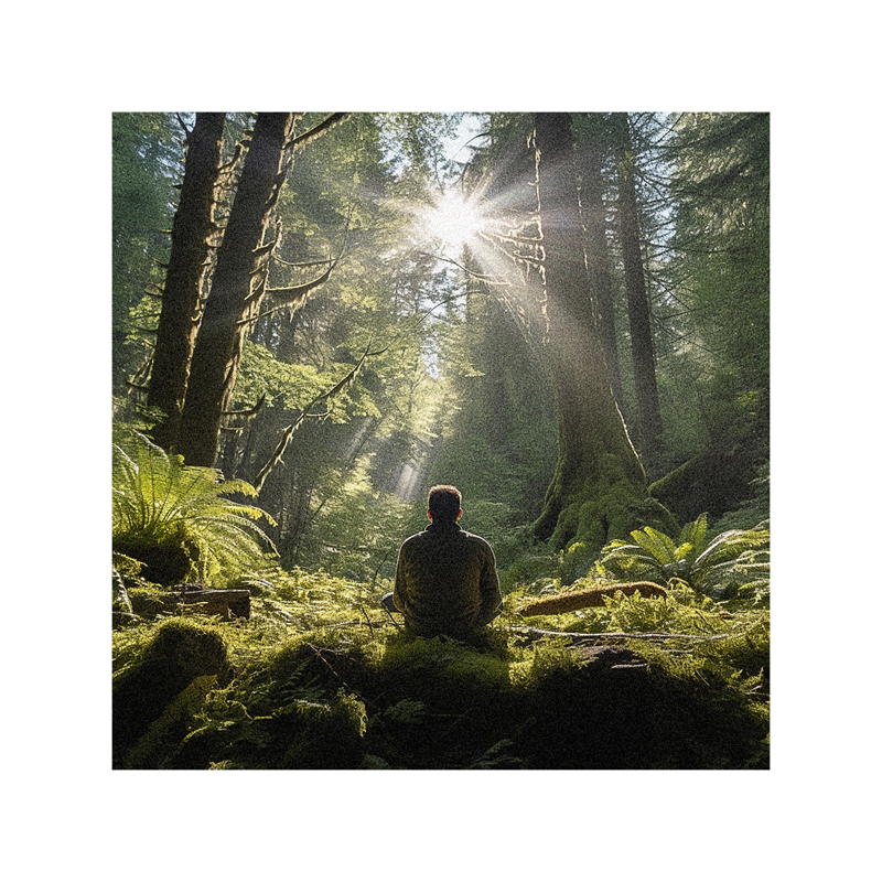 A man sitting in a forest with the sun shining on him.