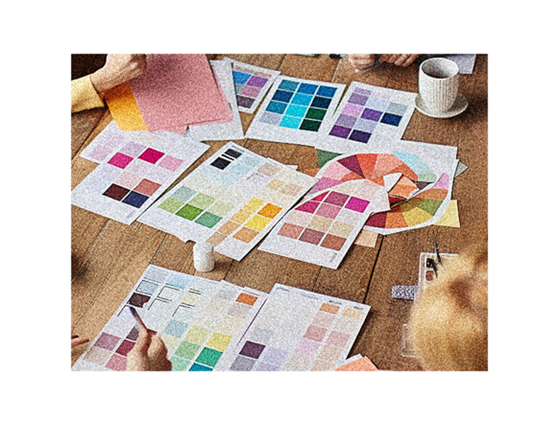 A group of people sitting around a table with color swatches.