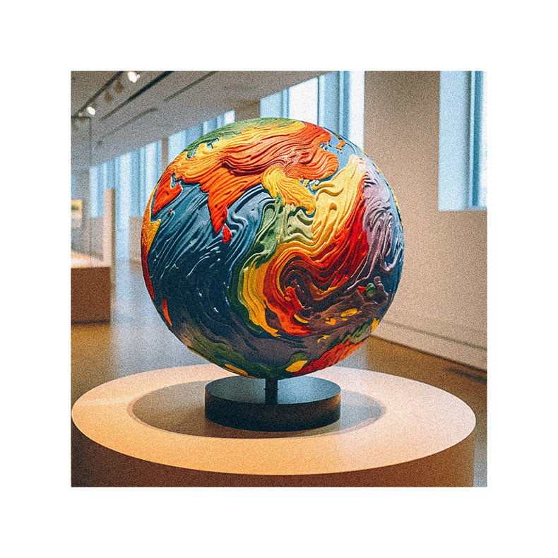 A colorful globe is on display in a museum.