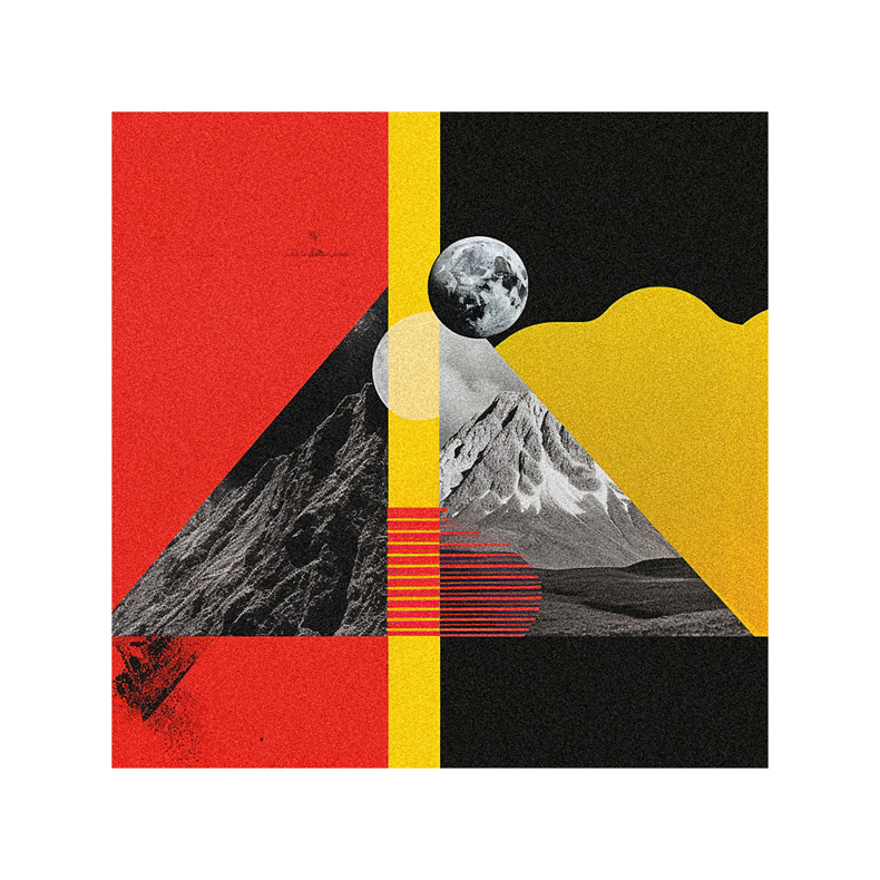 A red, yellow, and black poster with a mountain and a mountain in the background.