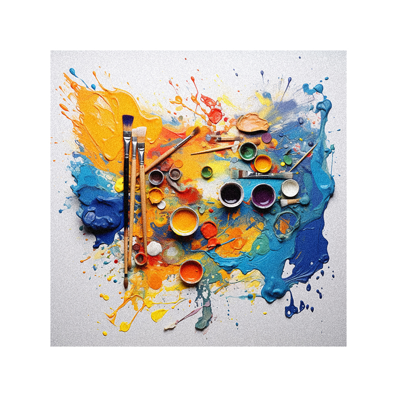 A colorful painting with paint splatters and brushes.