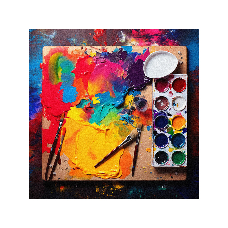 An artist's palette, paints and brushes on a colorful background.