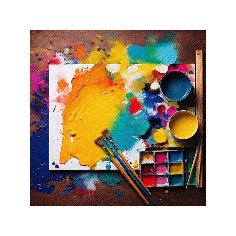 An artist's palette, paints and brushes on a wooden table.