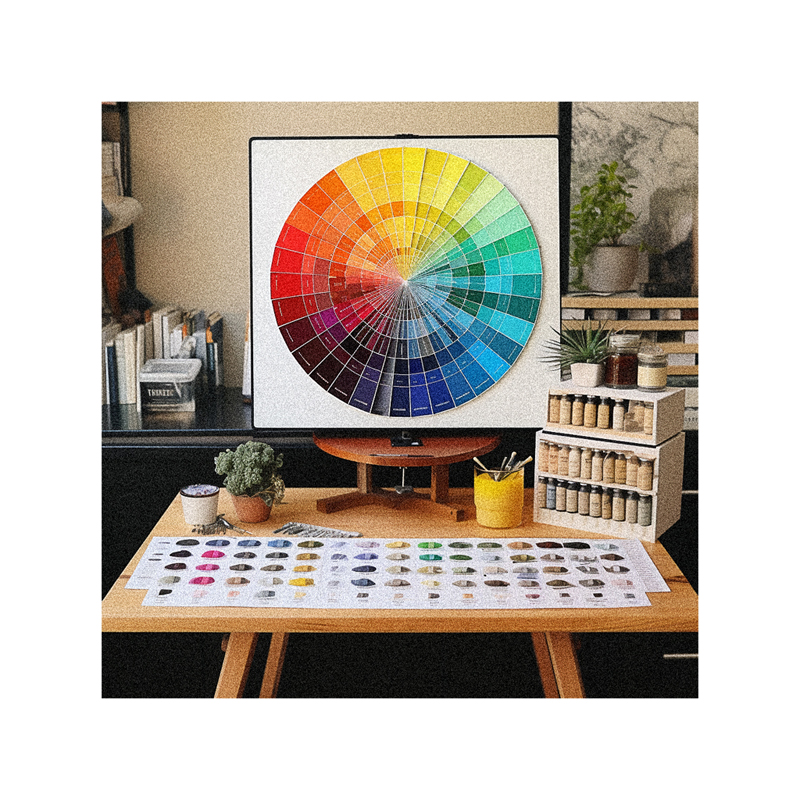 A color wheel on a desk in a home office.