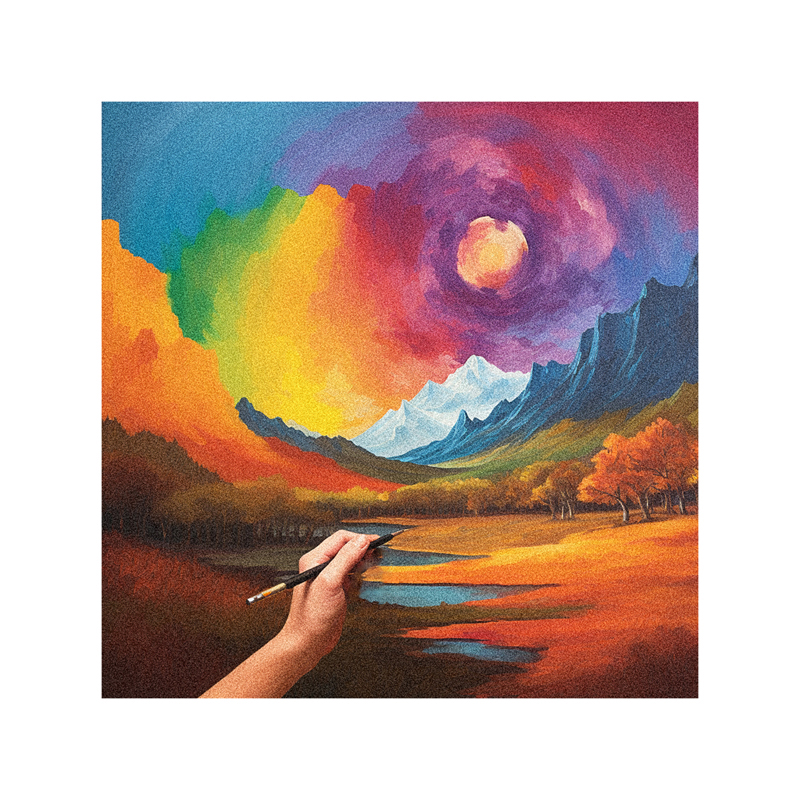 A person is painting a colorful landscape with a brush.