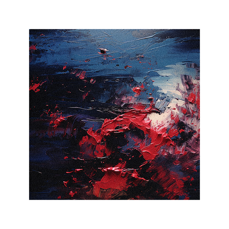 An abstract painting with red and black paint.