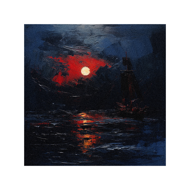 A painting of a ship in the water at sunset.