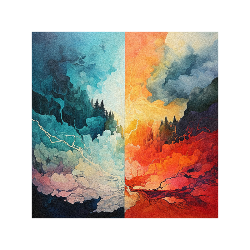 A watercolor painting of clouds and trees.