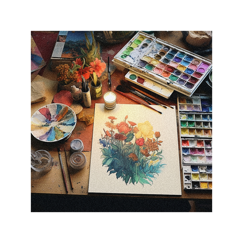 An artist's workspace with paints, brushes, and watercolors.