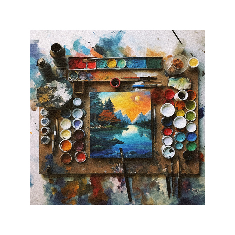 An artist's palette and paints on a table.