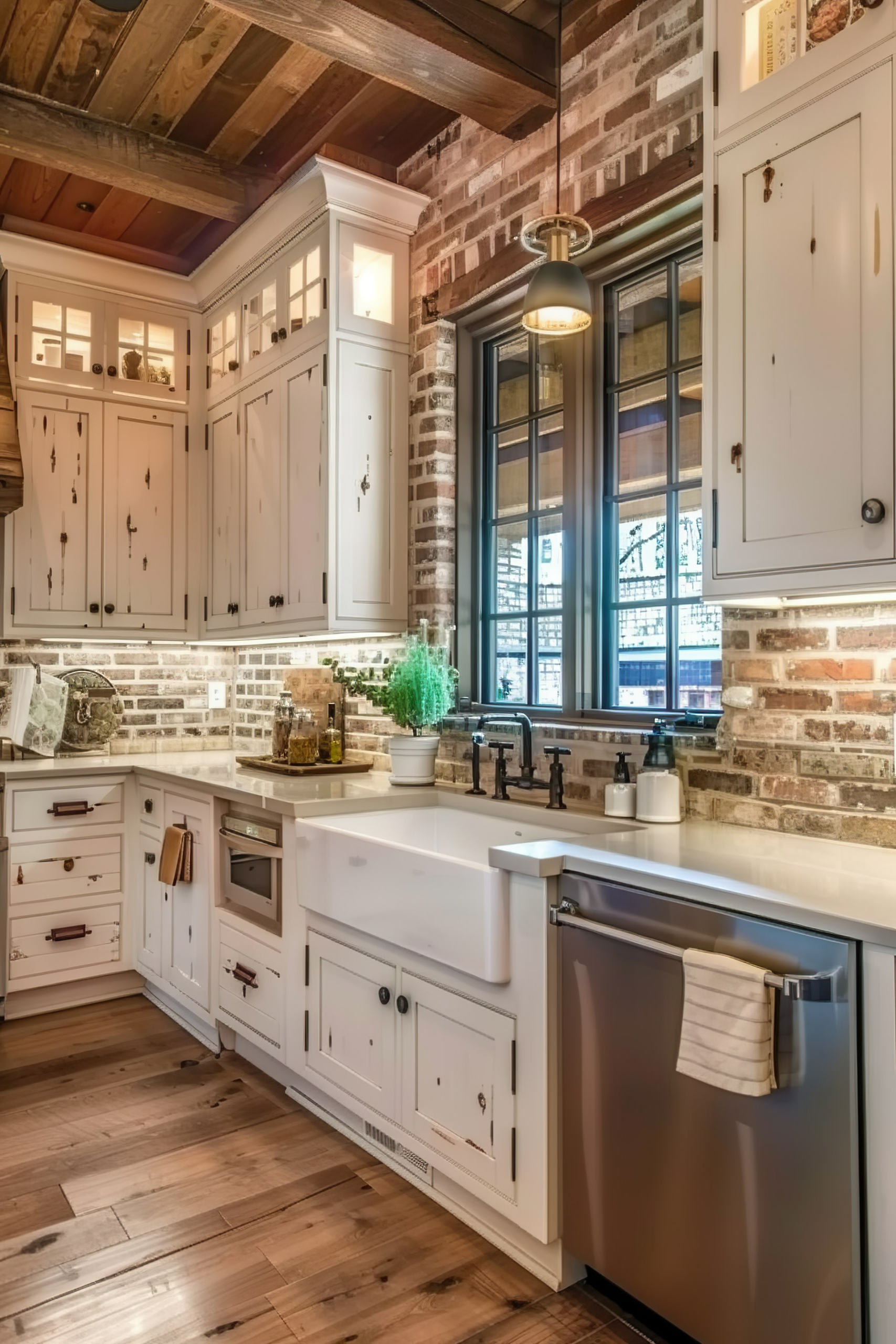 Rustic kitchen interior featuring white cabinetry, brick backsplash, farmhouse sink, and wooden ceiling beams.