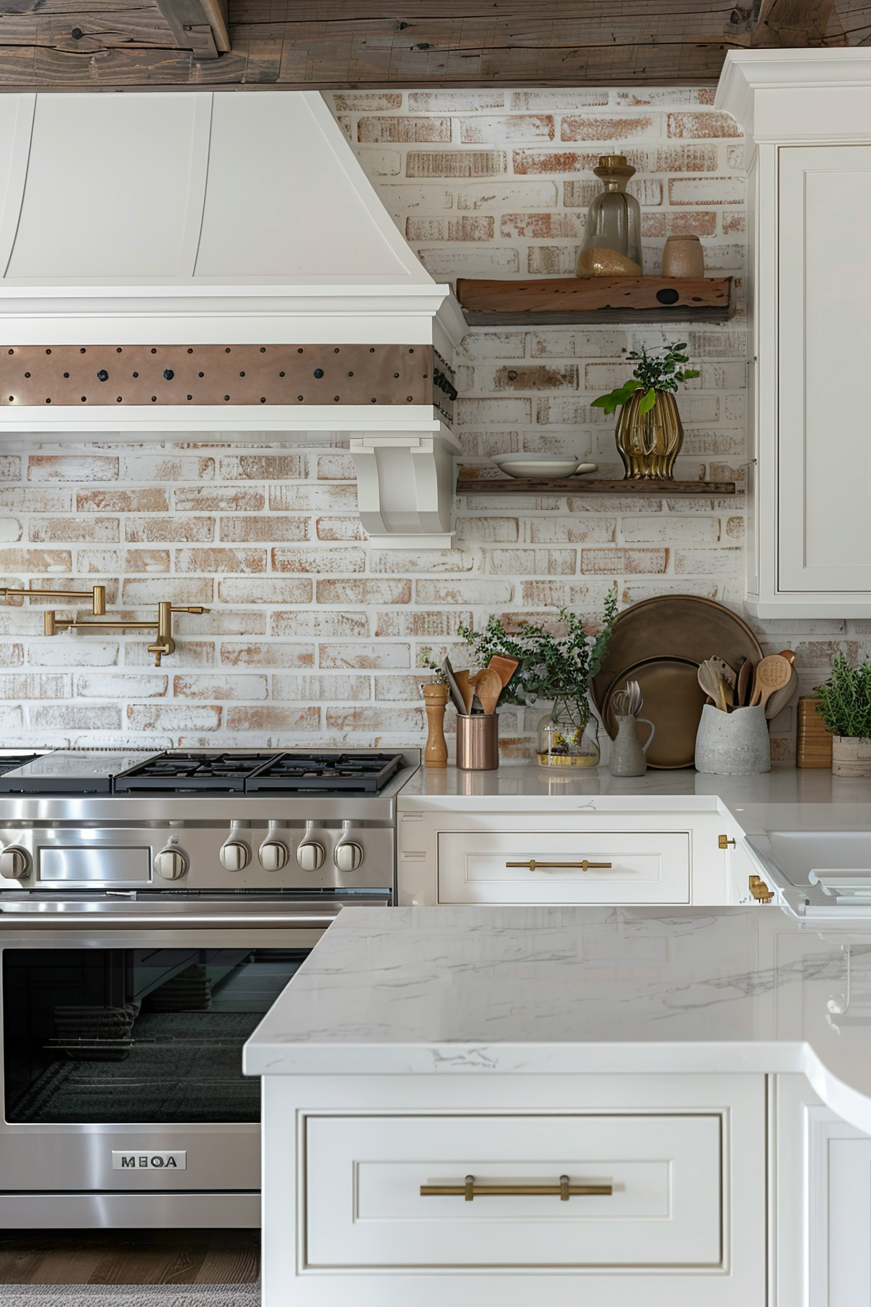 Modern kitchen interior with white brick walls, stainless steel appliances, and rustic wooden accents.