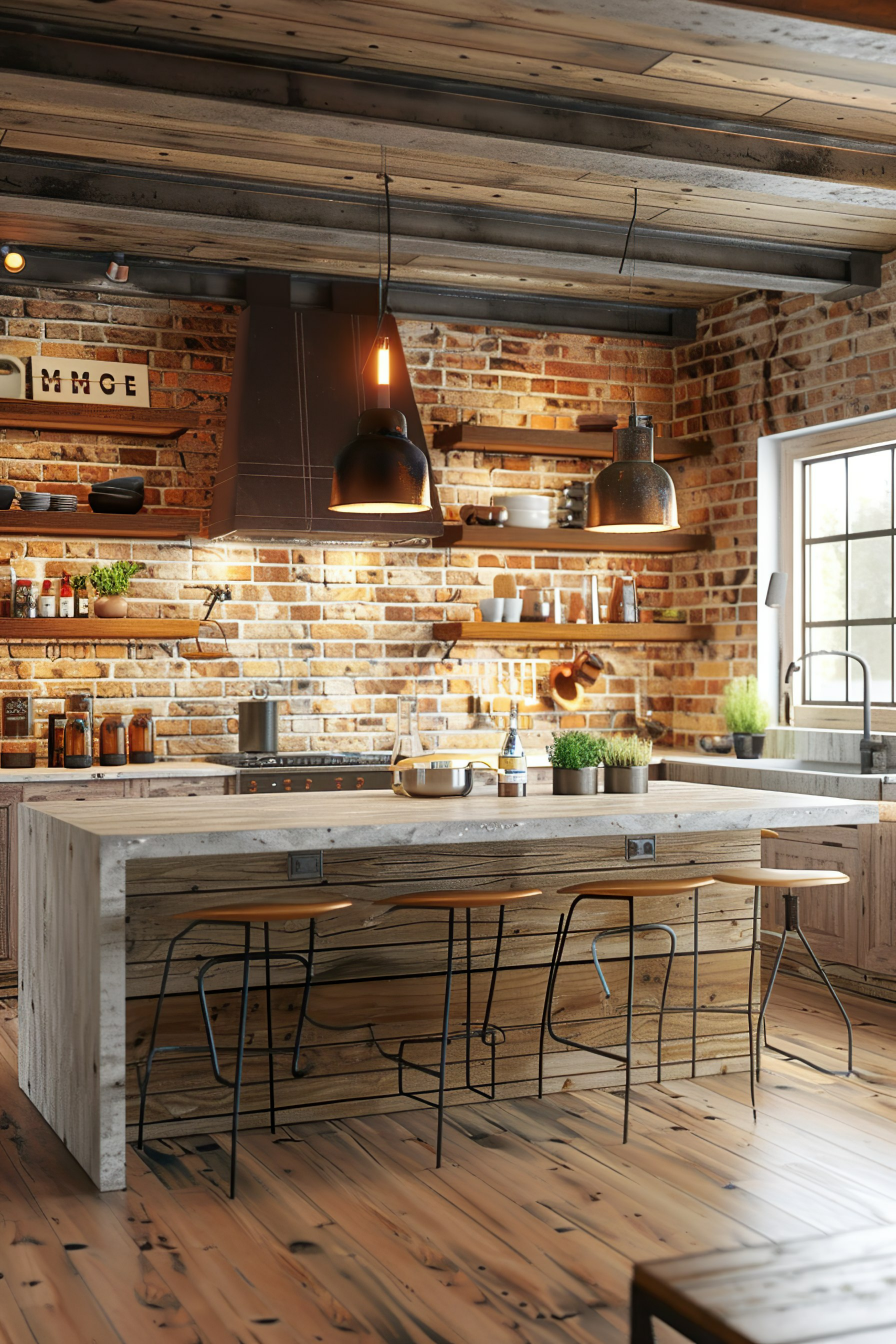 A rustic kitchen with exposed brick walls, wooden beams and floors, pendant lights, and a central island with stools.