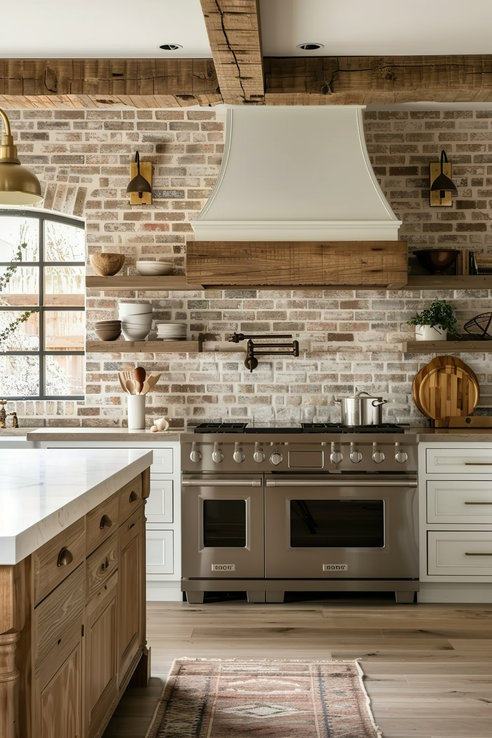 Rustic modern kitchen with a dual oven range, white cabinetry, brick backsplash, wooden beams, and decorative lighting.