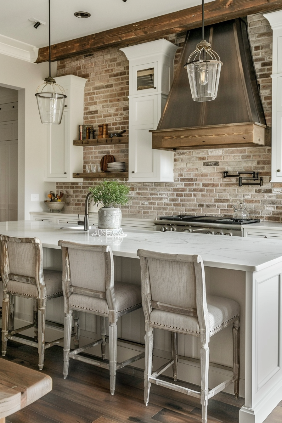 Elegant kitchen interior with brick backsplash, wooden beams, and island with white countertop and stylish bar stools.