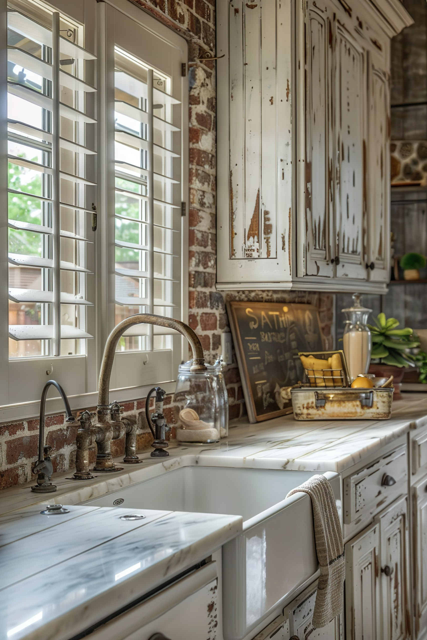 Rustic kitchen interior with distressed white cabinetry, farmhouse sink, antique faucets, and brick wall by the window with shutters.