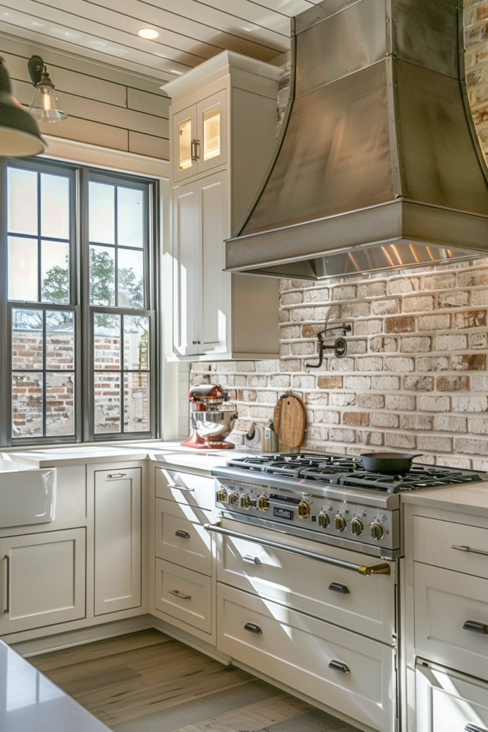 Bright, modern kitchen corner with white cabinets, a large gas stove, brick backsplash, and a window with a view outside.