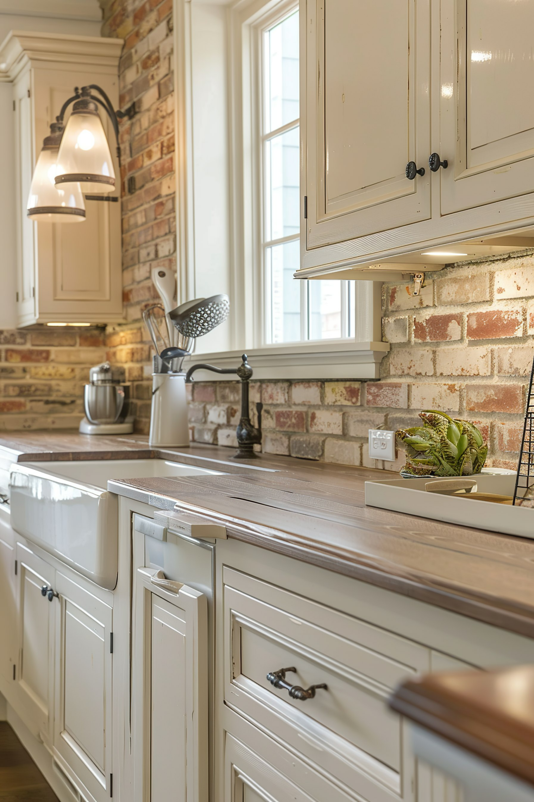 A well-lit, cozy kitchen corner with white cabinets, a brick backsplash, and wooden countertops, featuring a window and vintage-style faucet.