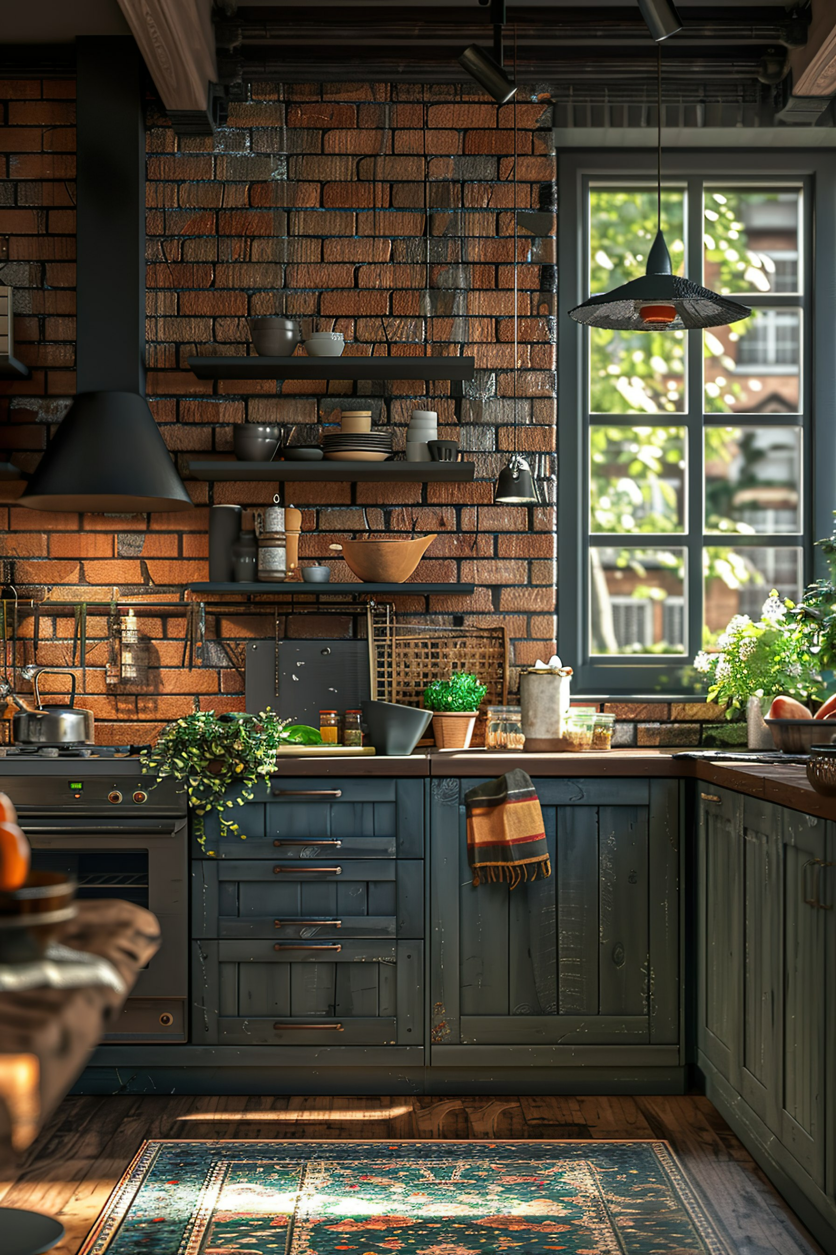 Cozy kitchen interior with exposed brick wall, floating shelves, green cabinetry, and vintage rug under natural light from window.