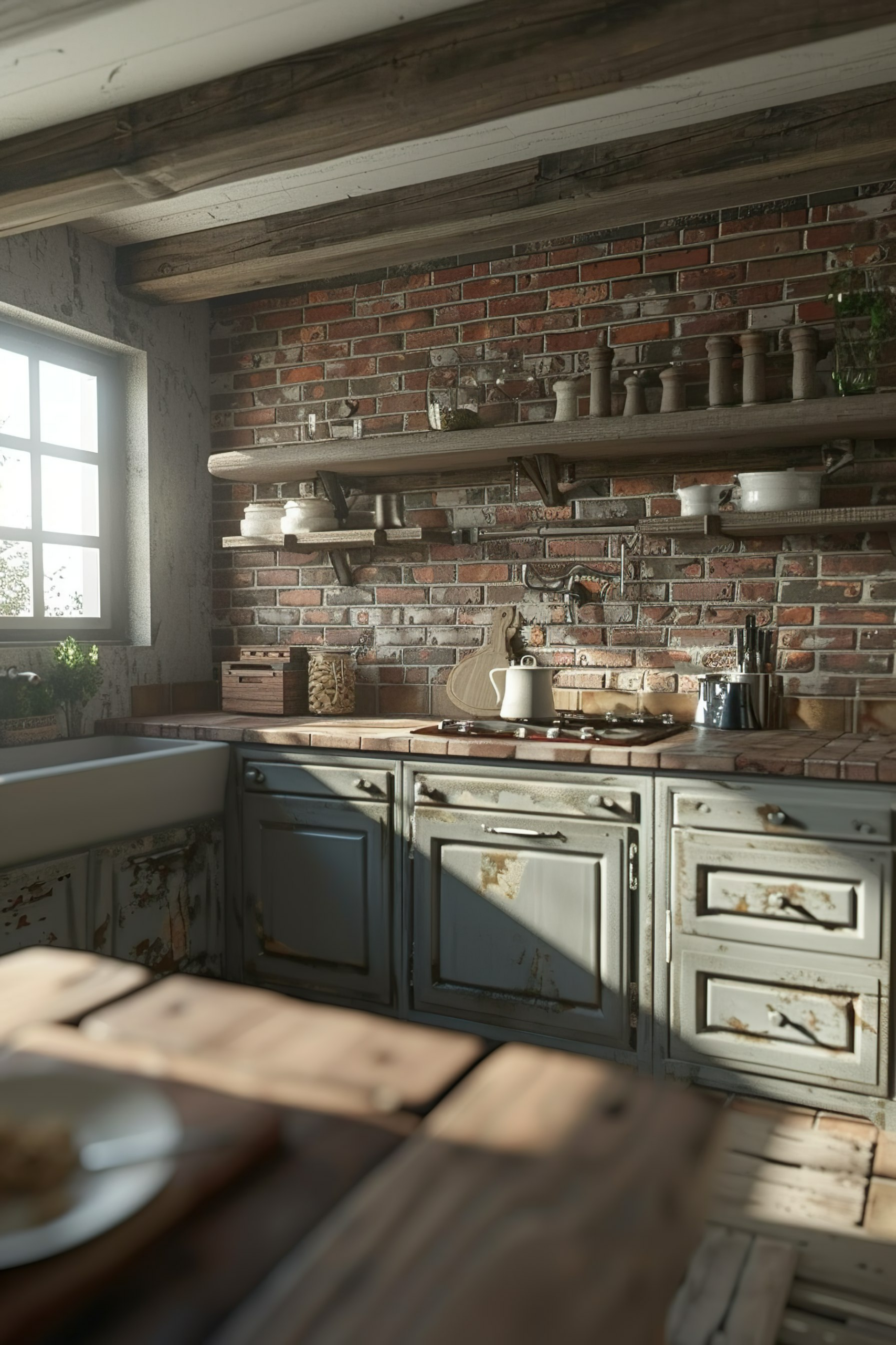 Rustic kitchen with vintage cabinets, brick wall, wooden shelves, and sunlight streaming through the window.