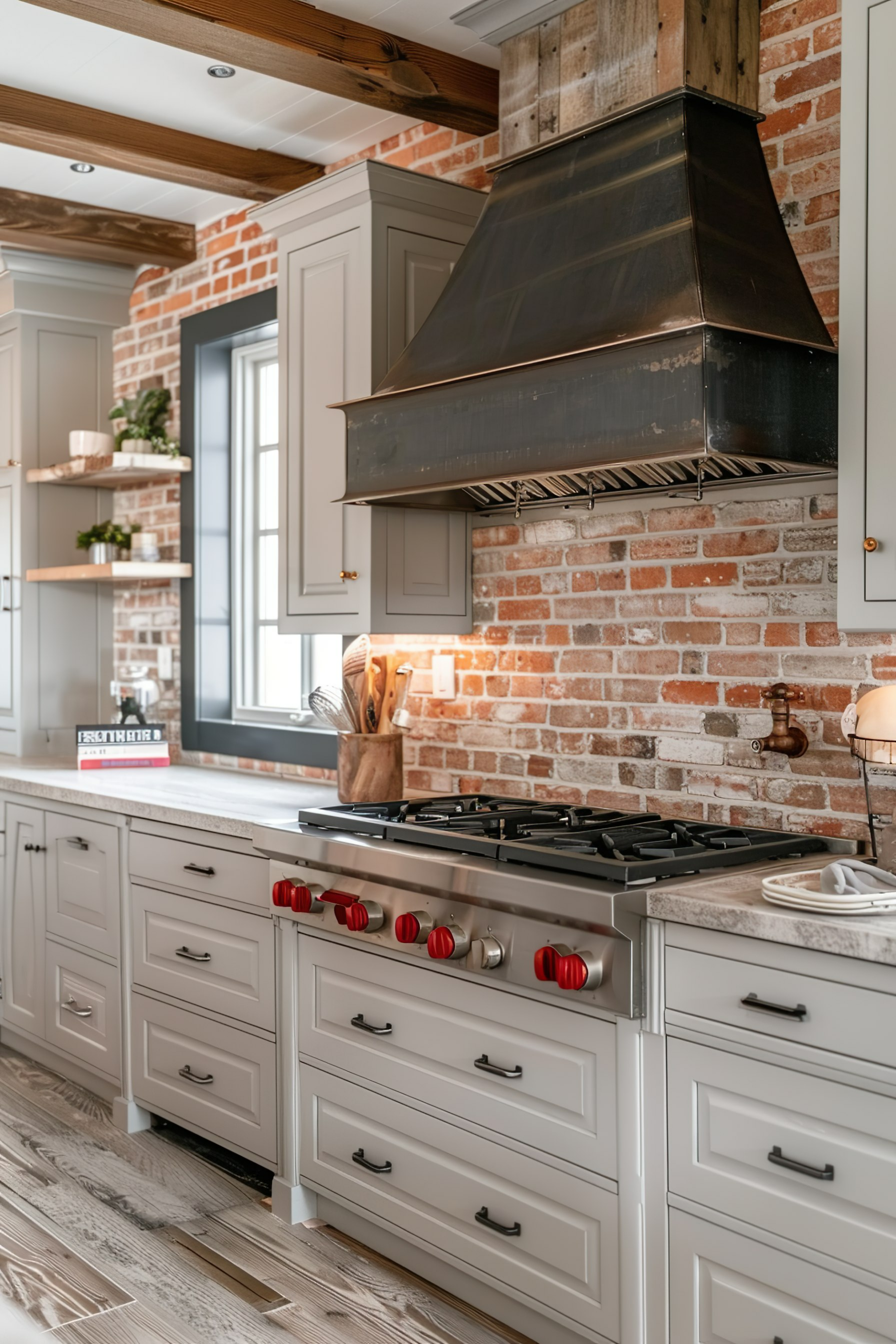 Modern kitchen interior with a stainless steel stove, red knobs, white cabinets, and exposed brick backsplash.