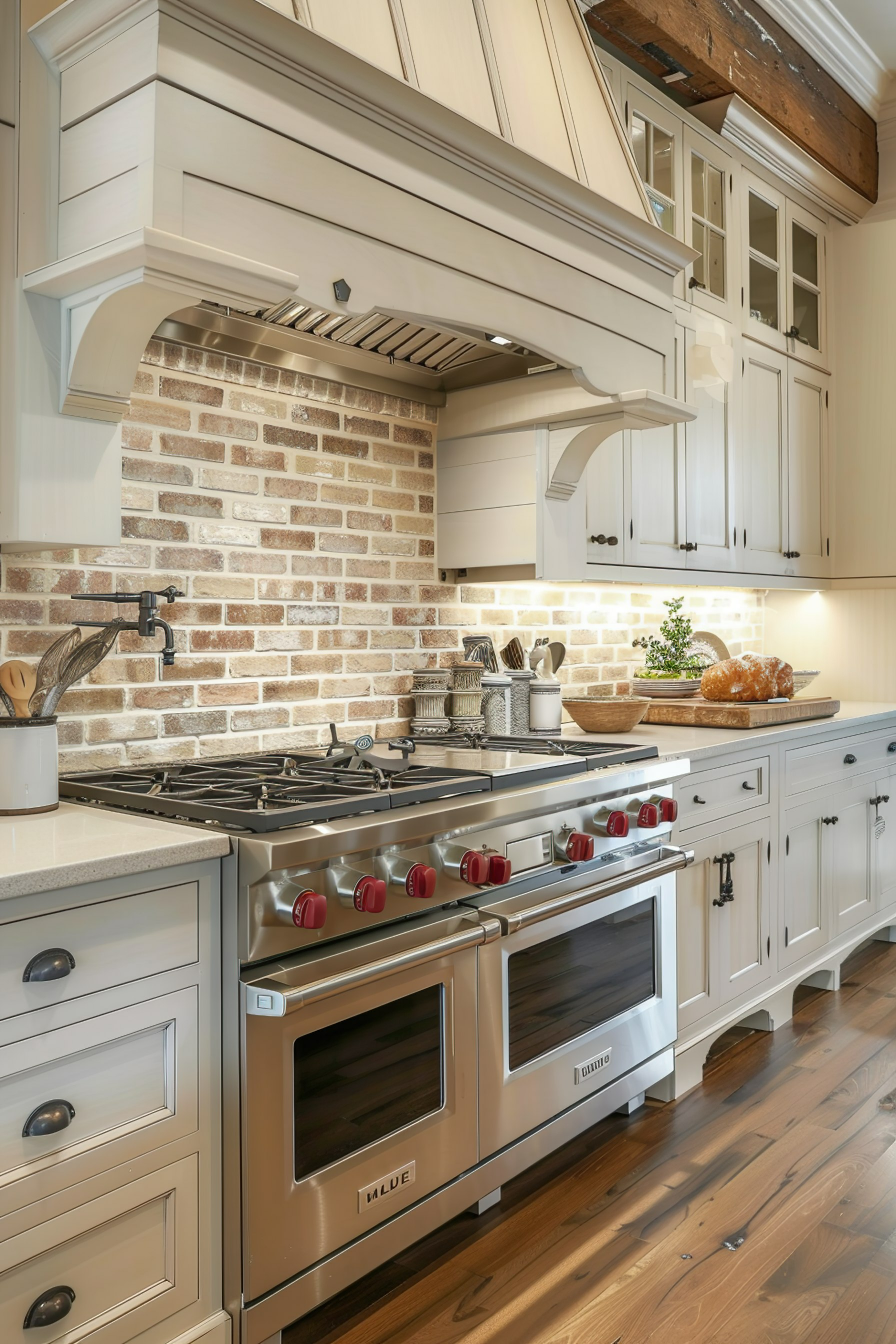 Elegant kitchen interior with stainless steel stove, white cabinetry, brick backsplash, and natural wood accents.