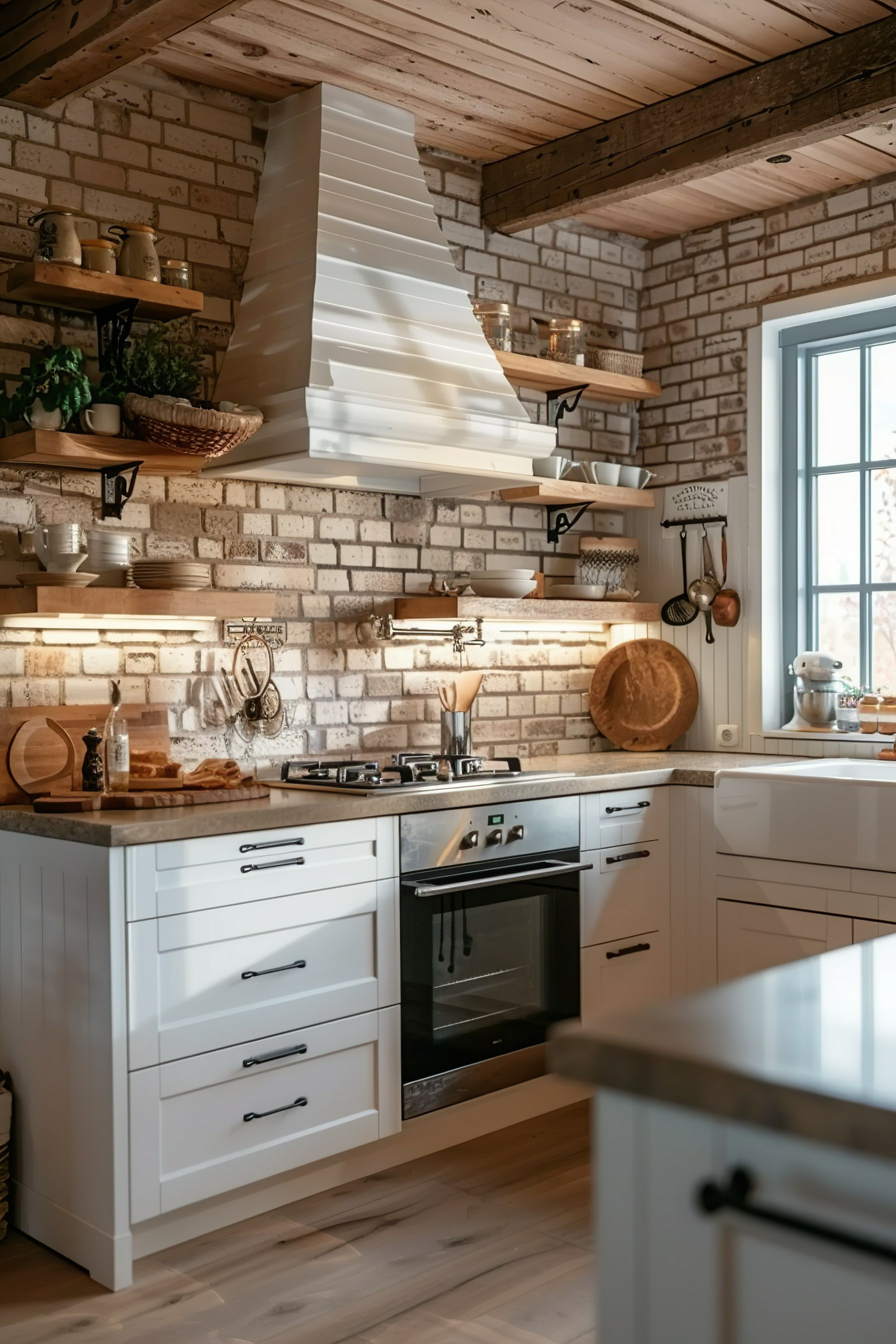 ALT: A cozy rustic kitchen interior with white cabinetry, exposed brick walls, floating wooden shelves, and modern appliances under natural light.