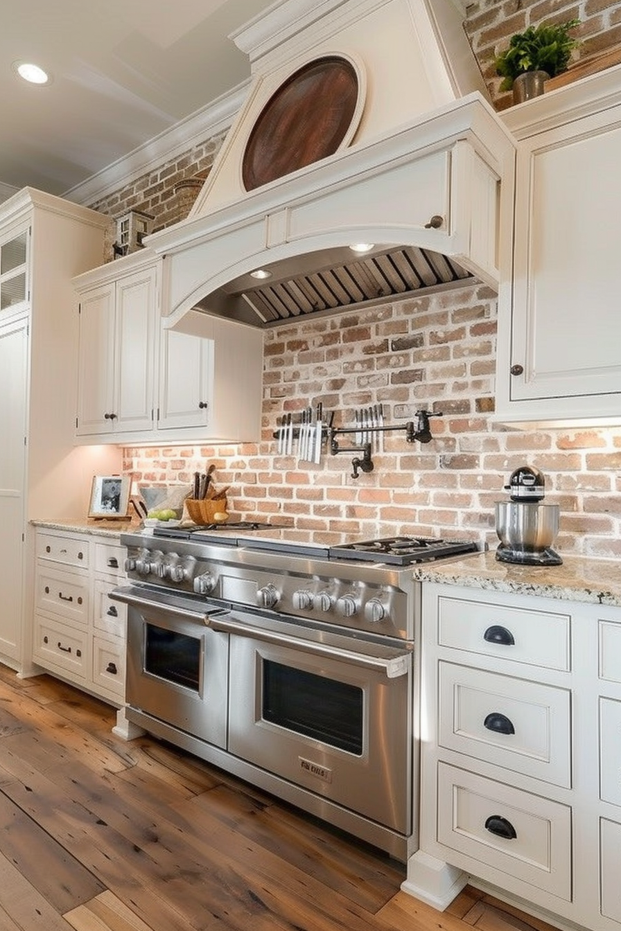 Elegant kitchen with white cabinets, stainless steel double oven range, and exposed brick backsplash.